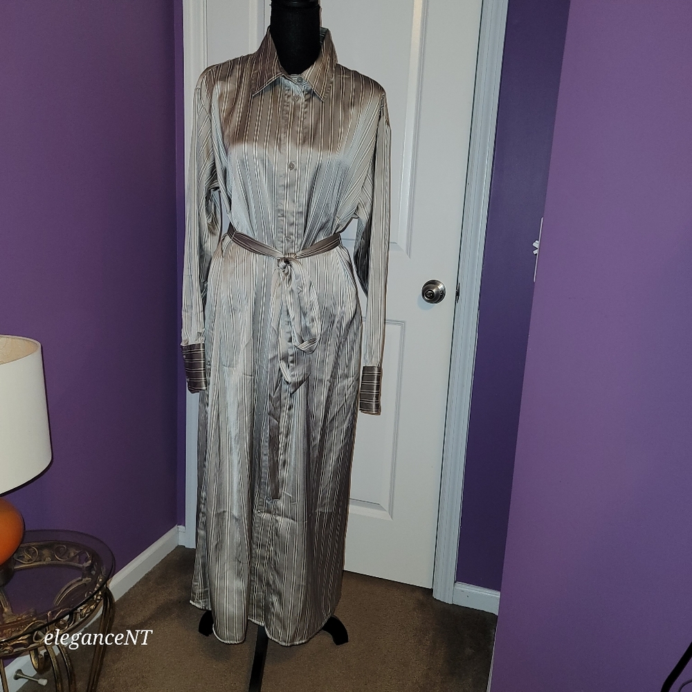 H & M Silver Striped Long Sleeve Button Down Dress Sz: L NWT - Picture 3 of 10